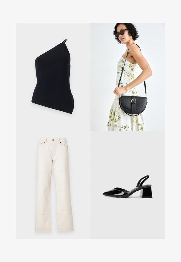 Čierny top na jedno rameno, vyrobený z hladkej tkaniny. Má diagonálny strih, asymetrický dizajn a kovový detail na ramene.; Široké nohavice s vysokým pásom vyrobené z béžového denimu. Obsahujú vrecká, zapínanie na prednom tlačidle a kontrastný šev.; Čierne lakované kožené sandálové podpätky s špicatou špičkou a geometrickým blokovým podpätkom. Disponujú elegantným, minimalistickým dizajnom a hladkým povrchom.; Čierna kožená kabelka s zaobleným tvarom, odnímateľným popruhom a zlatými doplnkami. Kabelka má klopu s detailom s prackou.