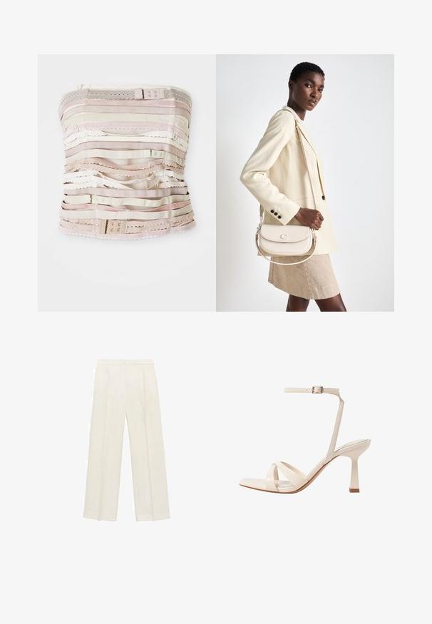 Bezramieniowy fason w odcieniach beżu, z poziomymi paskami materiału o różnych fakturach, akcentami koronkowymi oraz regulowanym zapięciem na górze.; Spodnie o szerokich nogawkach w jasnym kolorze kremowym. Wykonane z gładkiego materiału, z plisami z przodu i bocznymi kieszeniami.; Beżowe sandały na wysokim obcasie z otwartym palcem, z krzyżującymi się paskami, paskiem na kostkę z klamrą oraz masywnym obcasem. Gładkie wykończenie.; COACH EMMY mleczny