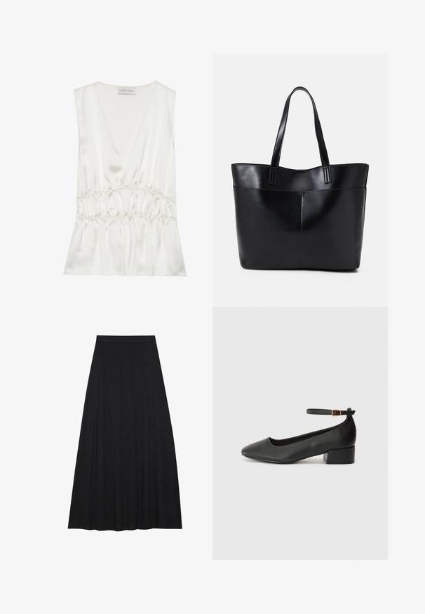 White satin sleeveless top featuring a deep V-neck, gathered waist, and flowy silhouette, with soft texture and smooth finish.; Black maxi skirt made of soft, flowing fabric. It features an elastic waist and a full, A-line silhouette with a smooth texture.; Black leather pump with a pointed toe and a low block heel. Features an ankle strap with a gold-tone buckle. Smooth texture.; Black leather tote bag with two long handles, a smooth texture, and a structured shape. Features a front pocket for additional storage.