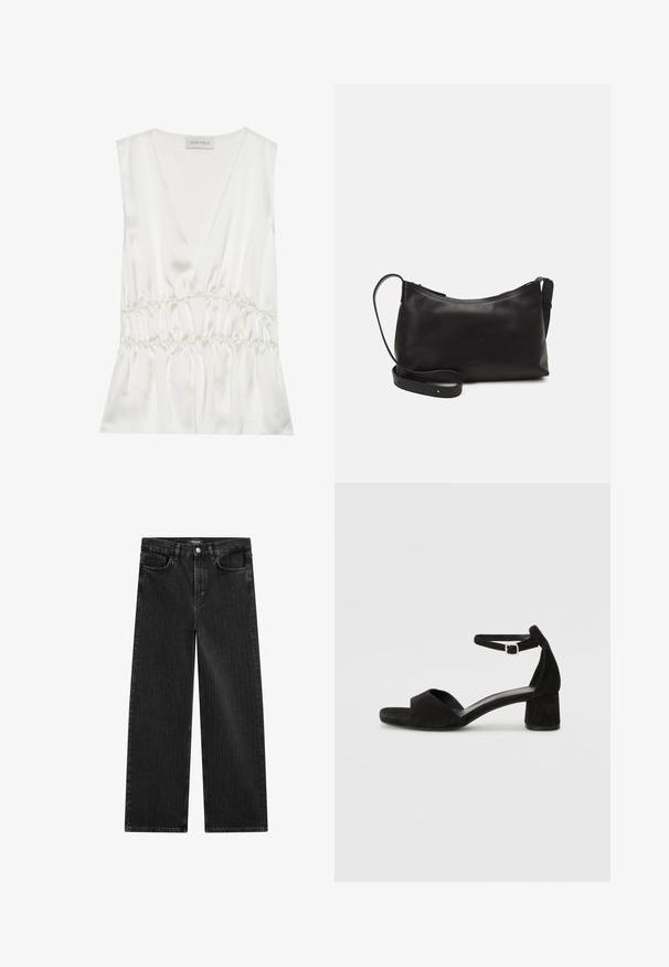 Top senza maniche in satin bianco con scollatura a V profonda, vita arricciata e silhouette fluida, dalla texture morbida e finitura liscia.; Jeans in denim nero a gamba larga con un sottile motivo a righe verticali, dotati di cinque tasche e una chiusura a bottone classica in vita.; Sandali con tacco in suede nero, con una sottile fascia alla caviglia, design open toe e un discreto tacco a blocco. Texture liscia e decorazioni minime.; Borsa a spalla in pelle nera con una texture liscia, forma curva, tracolla regolabile e chiusura con zip. Design minimalista senza ornamenti.