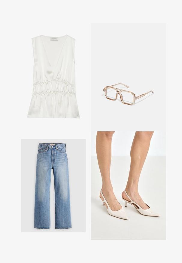 White satin sleeveless top featuring a deep V-neck, gathered waist, and flowy silhouette, with soft texture and smooth finish.; Light blue denim wide-leg jeans with a high waist, faded areas, five pockets, and contrast stitching. Classic button and zipper closure.; Beige patent leather slingback heels with a pointed toe and 5 cm heel, featuring cut-out sides and a thin ankle strap.; Transparent hexagonal eyeglasses with light brown tones; thick, clear frames and slender arms; no visible logos or patterns.; Michael Kors wristlet in beige coated canvas featuring a repeating MK logo pattern, gold hardware, and a detachable chain strap.
