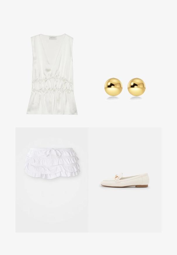Biely saténový bezrukávový top s hlbokým výstrihom do V, zberaným pásom a splývavým siluetom, s jemnou textúrou a hladkým povrchom.; Biela plávková sukňa s volánmi a viacerými vrstvami, so šnúrkou v páse na úpravu. Mäkká látka s hladkým povrchom.; Biele kožené mokasíny s plochou podrážkou, s detailom zlatého spony a hladkým povrchom. Klasický dizajn s jednoduchými líniami.; Zlaté guľové náušnice s lesklým, odrazovým povrchom. Dizajn je jednoduchý a hladký, čím vytvára moderný, minimalistický vzhľad.