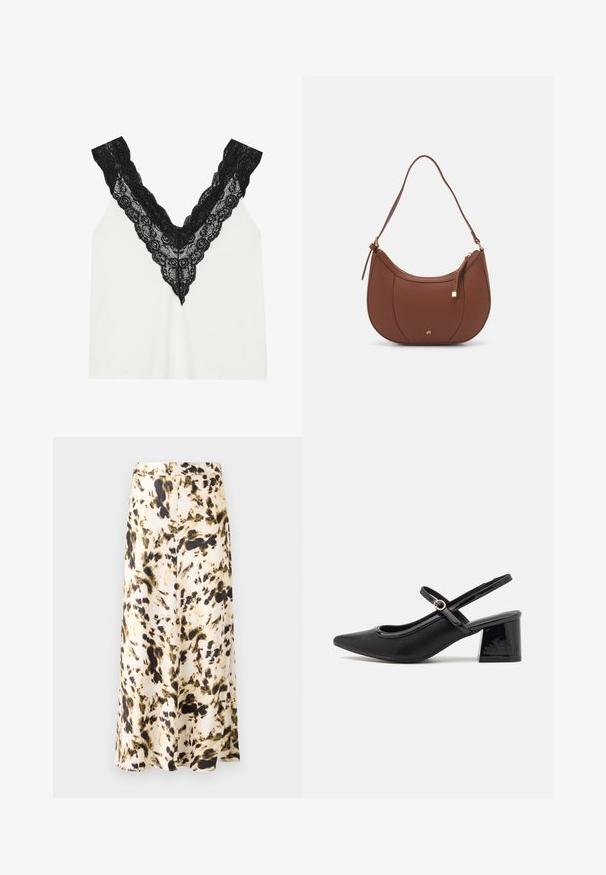 Camisole bianca con scollatura a V in pizzo nero caratterizzata da motivi floreali e bordi ondulati. Tessuto morbido con una texture liscia.; Una gonna al ginocchio in un tessuto leggero con un motivo astratto beige, marrone e verde. Presenta una vita aderente e un design fluido.; Décolleté in vernice nera con cinturino dietro, punta affusolata, design con ritagli arrotondati e tacco a blocco. Presenta un accento di fibbia tono oro.; Borsa a spalla in finta pelle marrone con forma curvata, cuciture minime e un accento in metallo dorato. Presenta una chiusura con zip superiore e una tracolla regolabile.