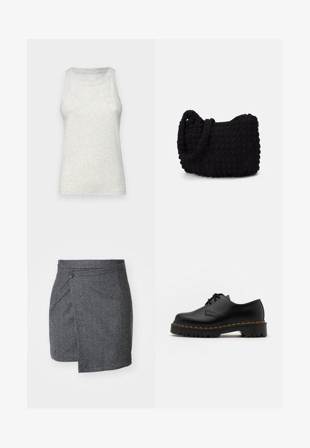 Svetlo siva, rebrasta majica na bretele z okruglim izrezom in brez rokavov. Brez vidnih logotipov ali dodatkov, izdelana iz mehke tkanine.; Siva herringbone obleka iz volne z zaklopom, ki se zapira z enim gumbom v pasu in asymetrično spodnjim robom.; Črne usnjene čevlje z vezalkami in zaobljenim nosom, z gumijastim podplatom in rumenim šivom okoli osnove. Ravna zasnova in gladka površina.; Črn platneno torba z strukturiranim, quilted vzorcem. Okrogla oblika, kratki, debeli ročaji in mehak, fleksibilen konstrukt.