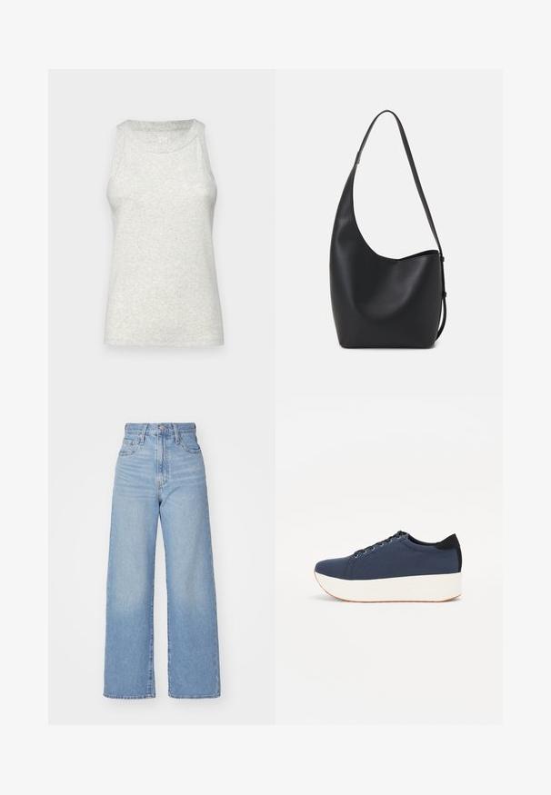 Heled hall, soonikestega T-särk ümarate kaeluste ja ilma varrukateta disainiga. Ei ole nähtavaid logosid ega aktsente, valmistatud pehmest kangast.; Heledad sinine kõrge vöökohaga laiad teksad, ees nupp ja tõmblukk, ees ja taga taskud, valge tausta peal.; Tumedat sinised tennised tekstureeritud riidest pealispinnaga, valge platvormi tallaga, ümarate varvaste ja musta kontsapaneeliga. Omab kuut silma paelte jaoks.; Mustast nahast hobo kott, millel on sile tekstuur, kumer kuju ja üks reguleeritav rihm; peal on lai avaus.