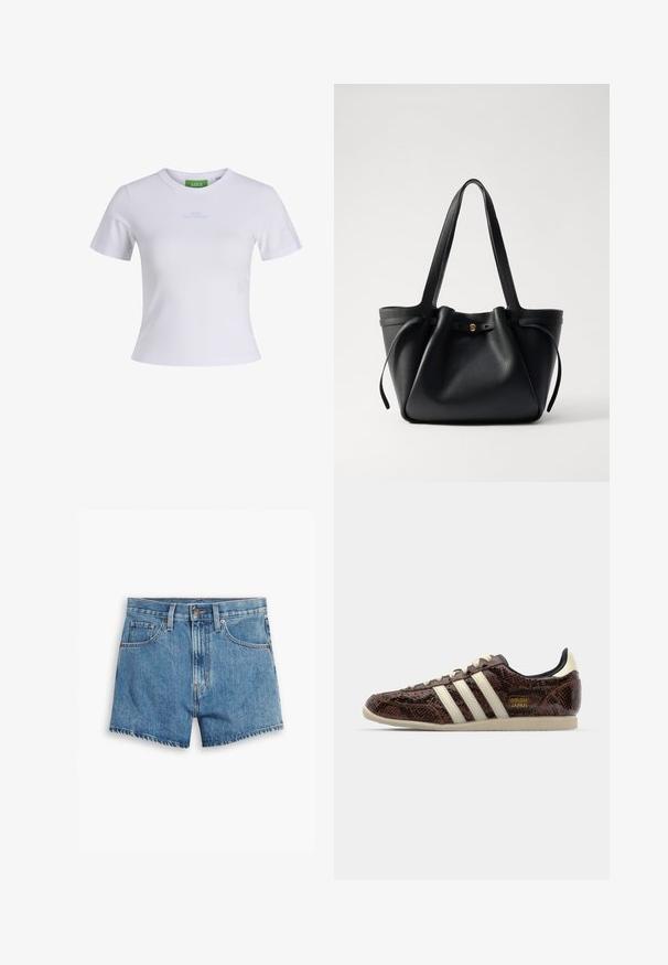 Balts kokvilnas T-krekls ar īsām piedurknēm, apaļu kakla izgriezumu un zilu uzrakstu "CUTE BUT PSYCHO" uz krūtīm. Mīksta tekstūra un slaids piegriezums.; Gaiši zili džinsu šorti, kas aprīkoti ar piecām kabatām, rāvējslēdzēja aizdari un pogu aizdari. Apakšmala ir saplēsta, un izskats ir brīvs.; adidas Originals JAPAN - Sporta apavi - preloved brown/cream white/core black; Melna ādas roku soma ar divām garām siksnām, savilktu augšpusi un zelta apļveida akcentu. Gluda tekstūra ar minimālistisku dizainu.