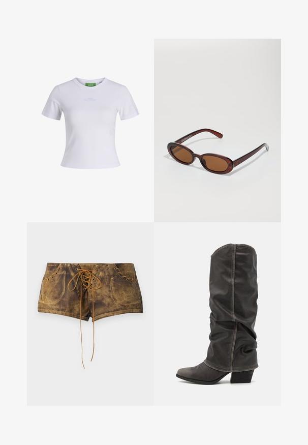 Hvit bomullst-skjorte med korte ermer, rund hals og blå bokstaver "CUTE BUT PSYCHO" på brystet. Myk tekstur og slim fit.; Brune snørebuks med en strukturert overflate og kontrasterende lysebrune snørebånd. Har hull og en tettsittende design for et komfortabelt utseende.; Grå skinnstøvletter i kalvhøyde med et slaskete design, spiss tå og stablet hæl. Merkbar sømdetalj på tåområdet.; Runde, brune solbriller med en blank burgunderfarvet ramme. Slanke arme med subtile brandingdetaljer. Flad linse design.; Veske med slangeskinnmønster og krummet håndtak. Laget av teksturerte, beige og brune materialer, med et særegent diamantmønster.