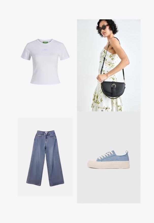 T-shirt de algodão branco com mangas curtas, decote redondo e letras azuis "CUTE BUT PSYCHO" no peito. Textura suave e ajuste slim.; Calças de ganga de perna larga numa lavagem azul clara, com uma cintura alta, bolsos frontais e fecho de botão com passadores para cinto.; Ténis de lona azul claro com uma biqueira e sola de borracha creme, apresentando atacadores brancos e uma alça na parte de trás.; Bolsa de couro preta com forma curva, alça destacável e detalhes em dourado. A bolsa possui uma aba com detalhe de fivela.