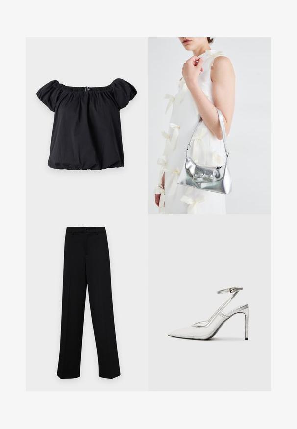 Black off-the-shoulder blouse made of soft fabric, featuring puff sleeves, a gathered neckline, and a loose fit with an elastic hem.; Black wide-leg trousers made of smooth fabric, featuring a classic waistband with a button closure and front pleats.; Clear stiletto heel shoe with a pointed toe, transparent material, metallic silver accents, and adjustable ankle strap.; Silver metallic handbag with a structured shape, featuring a top handle and bow detail on the front. Smooth texture, reflective finish.