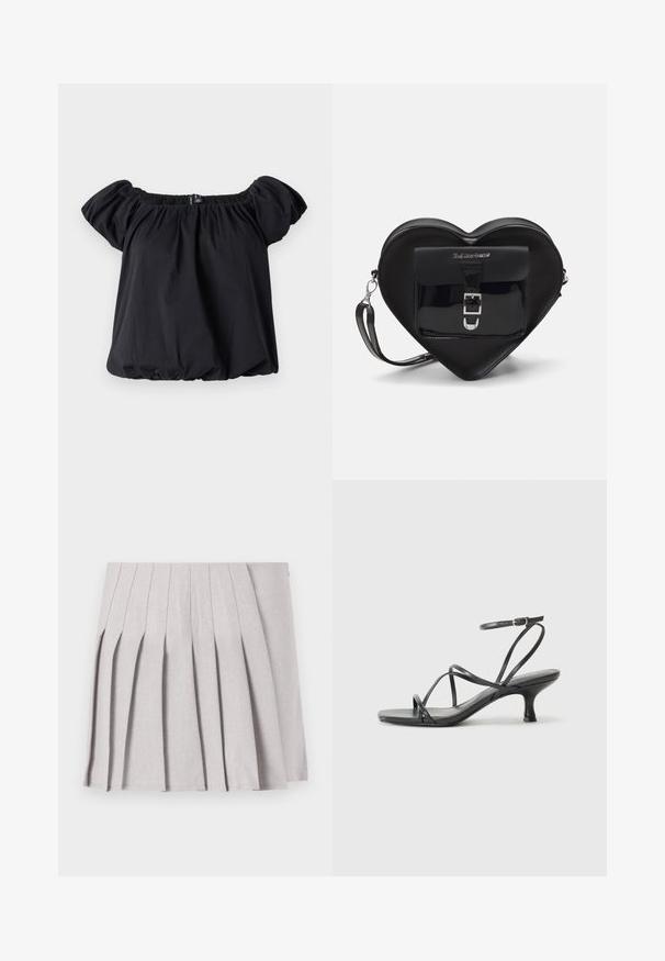 Black off-the-shoulder blouse made of soft fabric, featuring puff sleeves, a gathered neckline, and a loose fit with an elastic hem.; Gray pleated skirt with a smooth texture, featuring multiple vertical folds and a fitted waistline. Made from lightweight fabric.; Black heeled sandals with thin straps, open toe design, and a small, flared heel. The material appears smooth and glossy.; Black heart-shaped bag made of patent leather with a front pocket featuring a buckle closure and a detachable strap. Silver hardware accents.