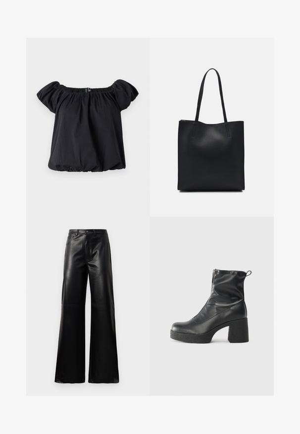 Juoda off-the-shoulder palaidinė, pagaminta iš minkštos medžiagos, su pūkuotomis rankovėmis, susiraukšlėtu apykakle ir laisvu kirpimu su elastinga apačia.; Juodos aukšto juosmens plačios kojų dirbtinės odos kelnės su priekiniais mygtukais, užtrauktuku, diržo kilpomis ir šoninėmis kišenėmis ant balto fono.; Juodos kulkšninių botai, pagaminti iš lygaus odos, su šoniniu užtrauktuku, masyviu tekstūruotu kulnu ir apvaliu pirštu.; Juodas odinis tote krepšys su lygia tekstūra, stačiakampio formos ir dviem ilgais rankenomis. Matomų metalinių detalių ar puošybos nėra.