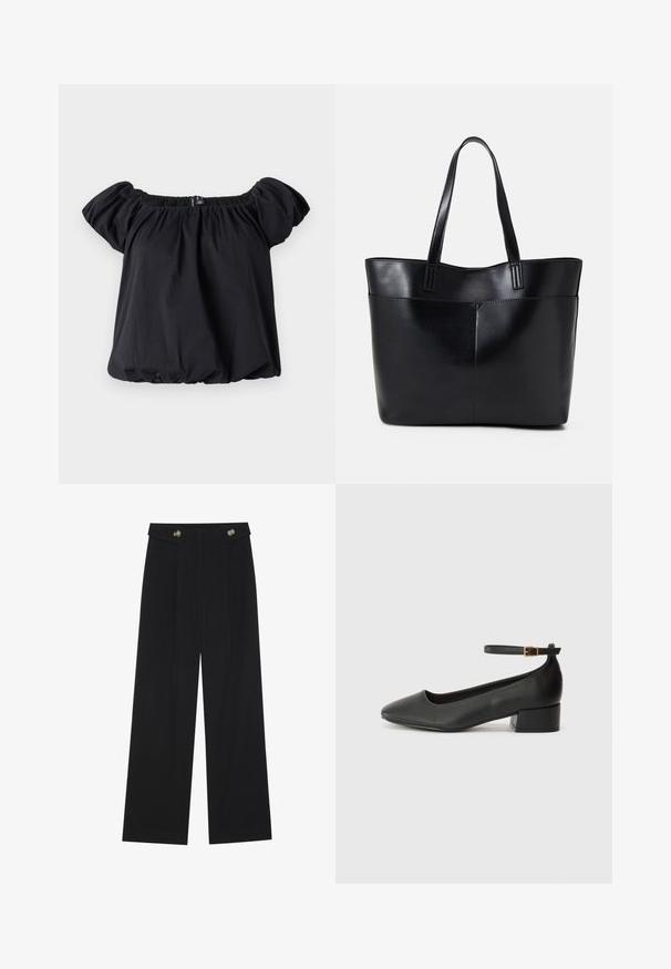 Svart off-the-shoulder bluse laget av mykt stoff, med puffermer, samlet halslinning og løs passform med elastisk nederkant.; Svart vide bukser med høy midje, knappdetaljer på midjebåndet og frontplisser.; Sorte skinnpumper med spiss tå og lav blokkhelt. Har ankelrem med gullfarget spenne. Glatt tekstur.; Svart lær toteveske med to lange håndtak, en glatt tekstur og en strukturert form. Har en frontlomme for ekstra oppbevaring.