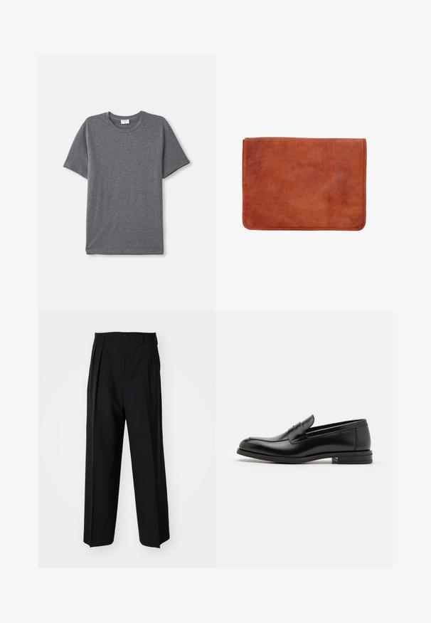Grå t-shirt med kortærmer lavet af blødt, glat stof. Klassisk rund hals med en afslappet pasform og uden fremtrædende designelementer.; Sorte plisserede bukser med et lige, bred ben-design. Fremstillet af glat stof, med en knaplukning og bæltesløjfer.; Sorte læderloafers med en glat overflade, rund tå og en dekorativ strop over vampen. Lav hæl med stabeldesign, minimalistisk stil.; Brun læderportefølje med en glat overflade, rektangulær form og synlige syninger langs kanterne. Ingen beslag eller mønstre.
