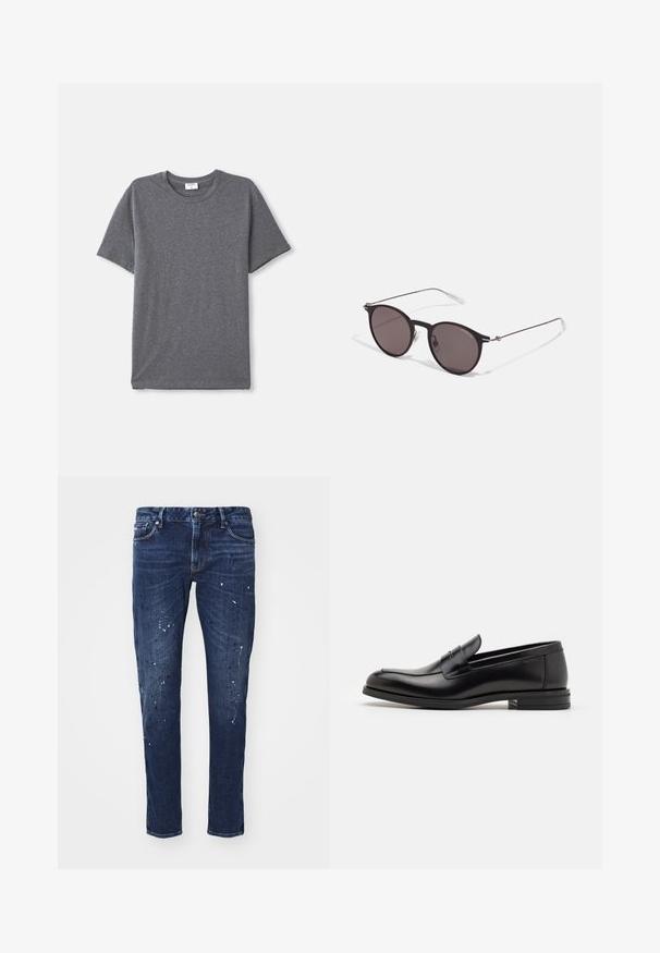 Šedé tričko s krátkym rukávom vyrobené z jemného, hladkého materiálu. Klasický okrúhly výstrih s voľným strihom a bez výrazných dizajnových prvkov.; Tmavomodré denimové džínsy so slim fit strihom, ktoré majú farebné kvapky farby, viditeľné švy a štandardný dizajn s piatimi vreckami. Rovný strih nohavíc.; Čierne kožené mokasíny s hladkou textúrou, zaoblenou špičkou a dekoračným pásikom cez priehlavok. Nízky vrstvený opätok, minimalistický dizajn.; Čierne okrúhle slnečné okuliare s tmavými sklami a tenkými kovovými ramenami. Obsahujú priehľadné konce rámov a strieborné akcenty na pántoch. Minimalistický dizajn.