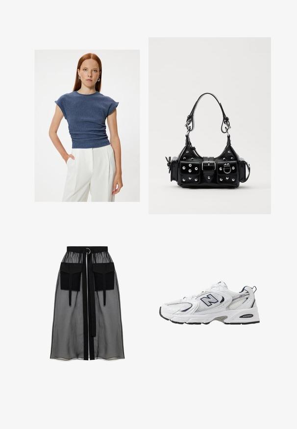 Koton TEXTURED SLEEVELESS - T-shirts basic - dark blue; Sort gennemsigtig nederdel med en rynket talje, der har to store forlommer, et taljebånd og en cirkulær metaldetalje.; Hvide sportsko med netoverdel, marineblå detaljer og polstret sål. Har "N" logo, snørebånd og struktureret detalje på siden.; Sort læderhåndtaske med et buet design, prydet med sølvfarvede nitter, en spænde og to sidelommer. Justerbar rem til forskellige bære muligheder.