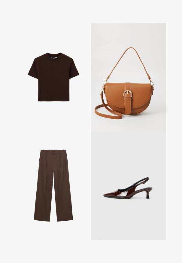 Camiseta de manga corta de cuello redondo de color marrón oscuro, colocada plana sobre un fondo blanco.; Pantalones de pierna ancha marrones, confeccionados en una tela suave, con una cintura alta, pliegues frontales y dos bolsillos laterales.; Zapato slingback de charol marrón con punta afilada y tacón moderado. Cuenta con una correa con hebilla para un ajuste seguro. Textura suave.; Bolso bandolera de cuero marrón con forma curvada, herrajes dorados y un acento de hebilla. Incluye una correa de hombro desmontable.