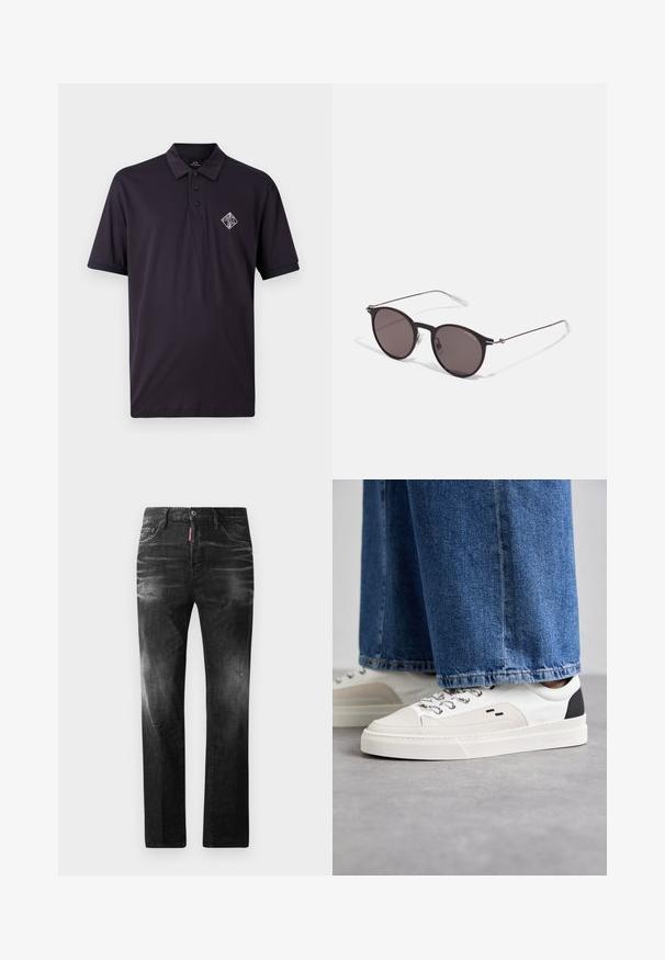 Polo de color navy oscuro hecho de algodón, con cuello, tapeta de tres botones y mangas cortas. Presenta un logo bordado en blanco en el pecho.; Jeans de mezclilla negra con un corte recto. Presentan áreas desgastadas, un ligero desgasto, diseño clásico de cinco bolsillos y cierre de botón.; Zapatillas blancas y negras con una parte superior de cuero suave, acentos texturizados y una suela blanca gruesa. Presenta un diseño clásico de cordones.; Gafas de sol redondas negras con lentes oscuros y brazos metálicos delgados. Incluye puntas de varilla transparentes y acentos plateados en la bisagra. Diseño minimalista.