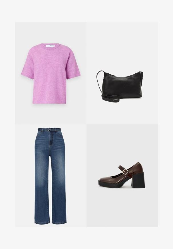 Roosa lühikeste varrukatega sviiter ümmarguse kaelusega. Pehme tekstuur, mugav lõige ja minimaalsed õmbluse detailid. Silt nähtav taga.; Laia siniste denim-pükste lai sääreosa, kõrge vöökoht, millel on kaks metallist pandla aktsenti, õrn fade ja standardne viie tasku disain.; Pruun patendinähtavusega Mary Jane kingad, millel on ploki konts, nipiga rihm ja ümar nina, puhkavad tekstureeritud mustal tallal.; Mustmust nahk õlakotil on sile tekstuur, kumer kuju, reguleeritav rihm ja lukuga sulgemine. Minimalistlik disain ilma kaunistusteta.