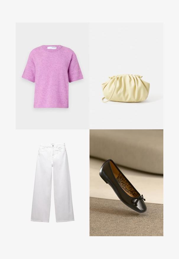 Roze trui met korte mouwen en een ronde halslijn. Zachte textuur, ontspannen pasvorm en minimale stikdetails. Label zichtbaar aan de achterkant.; Witte wijde denim jeans. Voorzien van een knoopsluiting, voor- en achterzakken, en gestikte naden. Soepele textuur met minimale details.; Zwart leren balletplat met een ronde neus en stoffen strik, met een binnenkant met luipaardprint. Glad oppervlak en slanke vorm.; Geel geplooide handtas van soepel nepleer, met een zachte vorm, een enkele schouderriem en een verzameld ontwerp aan de bovenkant.