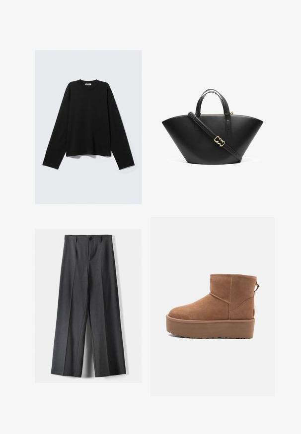Maglietta nera a maniche lunghe realizzata in tessuto morbido, con scollo rotondo, vestibilità rilassata e design minimalista senza motivi o accenti visibili.; Pantaloni a gamba larga in tessuto grigio scuro, dotati di chiusura con bottone, pieghe frontali e passanti per cintura. Texture liscia con un design su misura.; Stivale alla caviglia in suede beige con suola platform, punta rotonda e dettagli di cucitura; presenta un inserto sul retro per una facile calzata.; Borsa tote in pelle nera con una forma ampia e angolare. Presenta manici superiori doppi e una tracolla regolabile con un accento in metallo dorato.