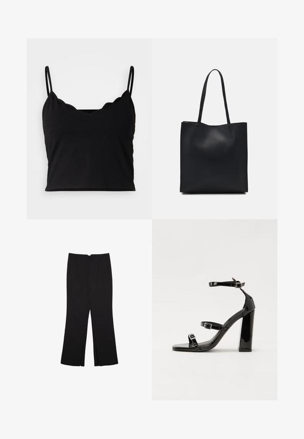 Even&Odd Linne - black; Svarta byxor med rak passform, utrustade med framfickor och sidoklyvningar vid fållen. Tillverkade av mjukt, slätt tyg. Lämpliga för olika tillfällen.; Svarta lackerade klacksandaler med fyrkantig tå, ankelremmar och silverfärgade spännen. Har en kraftig blockklack för stabilitet.; Svart lädertoffelväska med slät textur, rektangulär form och två långa handtag. Ingen synlig hårdvara eller dekorationer.