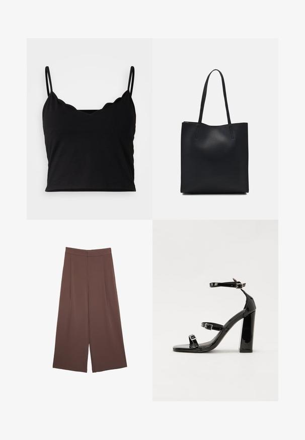 Even&Odd Top - black; Smeđe hlače širokog kroja s glatkom teksturom, koje imaju visok struk i nabore sprijeda. Tkanina je lagana i slobodno se kreće.; Crne lakirane sandale na pete sa kvadratnim nosom, trakama oko gležnja i srebrnim kopčama. Imaju čvrst blok petu za stabilnost.; Crna kožna torba za nošenje s glatkom teksturom, pravokutnim oblikom i dvije duge ručke. Nema vidljivih metalnih dijelova ili ukrasa.