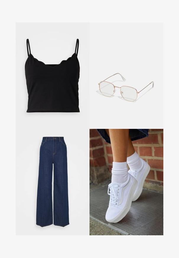 Even&Odd Top - black; Široké tmavě modré džíny s vysokým pasem, předními a zadními kapsami, zapínáním na knoflík a viditelnými švy.; Bílé plátěné tenisky s gumovými podrážkami, obsahující šest dírek na šněrování, kulatou špičku a jemné detaily šití, doplněné bílými kotníkovými ponožkami.; Obdélníkové brýle s tenkým kovovým rámem v růžově zlaté barvě. Čiré čočky, průhledné koncovky a jemné detaily kolem čoček.