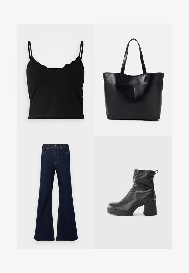 Even&Odd Top - black; Temno modri flare kavbojke z visokim pasom, sprednjimi žepi in zlatimi šivi. Gladka tekstura s tradicionalnim krojem.; Črne gležnjarje iz gladke kože z božnim zadrgo, masivnim teksturiranim peto in zaobljeno obliko prstov.; Črna usnjena torba z dvema dolgima ročajema, gladko teksturo in strukturirano obliko. Ima sprednji žep za dodatno shranjevanje.