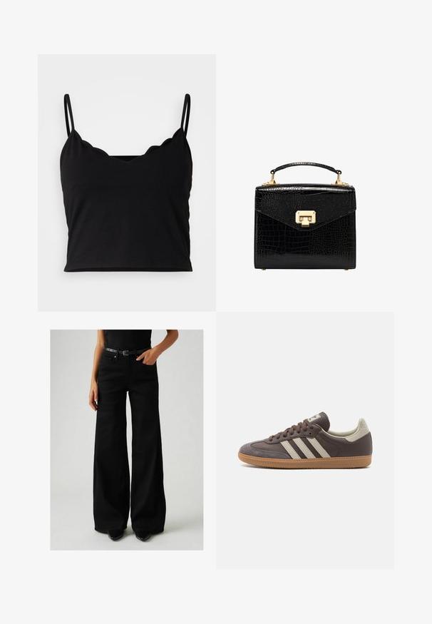 Even&Odd Top - black; Jeans de pierna ancha negros con una cintura alta, hechos de mezclilla. Cuenta con un cinturón negro con una hebilla ajustable y bolsillos laterales. Costuras detalladas visibles.; Zapatilla de cuero marrón con tres rayas de color claro, suela de goma, puntera redondeada y acentos de ante texturizados en el talón y la punta.; Bolso de mano negro de cuero sintético con diseño estructurado, herrajes dorados, asa superior y cierre de solapa magnético.