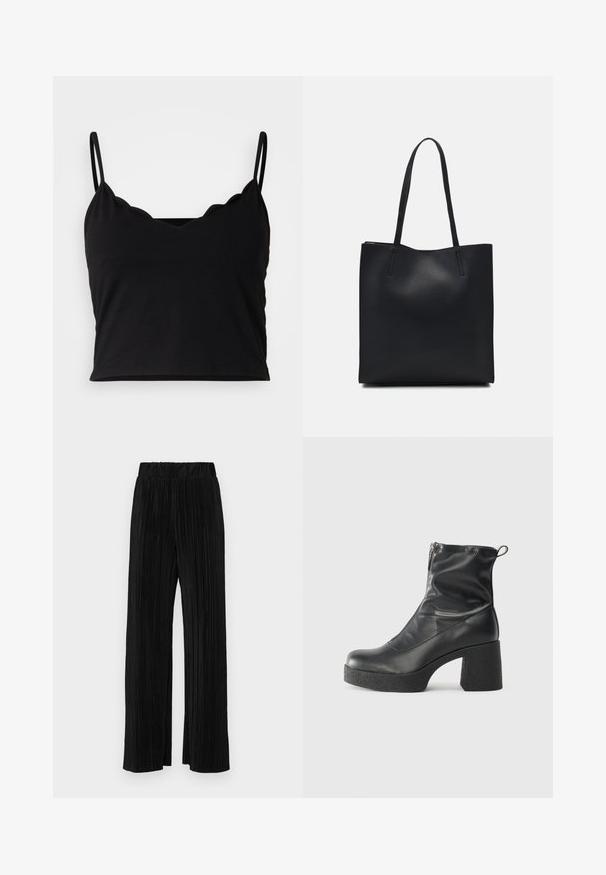 Even&Odd Top - black; Pantaloni negri plisati cu talie elastică. Prezintă picioare largi și un material neted, texturat, cu dungi verticale.; Bocanci negri de glezna din piele netedă, cu fermoar lateral, toc texturat și masiv, și design cu vârf rotund.; Geantă tote neagră din piele, cu textură netedă, formă rectangulară și două mânere lungi. Fără hardware vizibil sau ornamente.