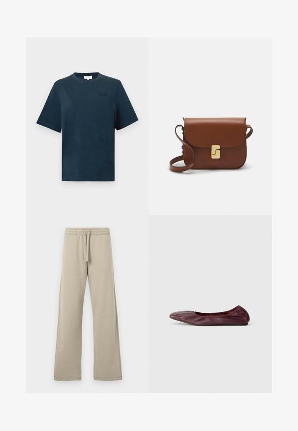 Granatowa bawełniana koszulka z krótkim rękawem i okrągłym dekoltem, z delikatnym haftem na piersi. Gładka tekstura.; Beżowe spodnie o szerokich nogawkach, wykonane z miękkiego materiału, z elastyczną talią z troczkiem i szwami bocznymi dla luźnego fasonu.; Baletki w głębokim burgundowym skórze, z okrągłym noskiem, elastycznym brzegiem oraz gładką fakturą z delikatnym marszczeniem.; Brązowa skórzana torebka na ramię z klapką, złotymi detalami, paskiem na ramię i gładką teksturą. Kompaktowy prostokątny kształt.