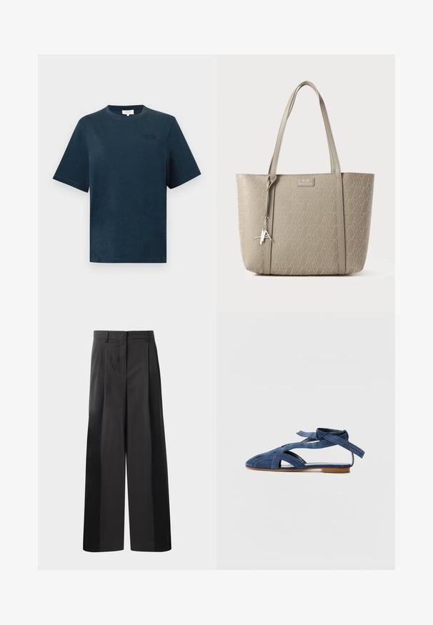 Námořnická modrá bavlněná trička s krátkým rukávem a kulatým výstřihem, se subtilním vyšitým detailem na hrudi. Hladká textura.; Černé kalhoty širokého střihu s vysokým pasem, které mají přední sklady, hladký povrch a upravený vzhled. Navrženy pro volný střih.; Emporio Armani Páskové sandály - blue; Tan tote taška vyrobená z texturovaného syntetického materiálu, zdobená celoplošným geometrickým vzorem, s dvojitými uchy a stříbrným přívěskem.