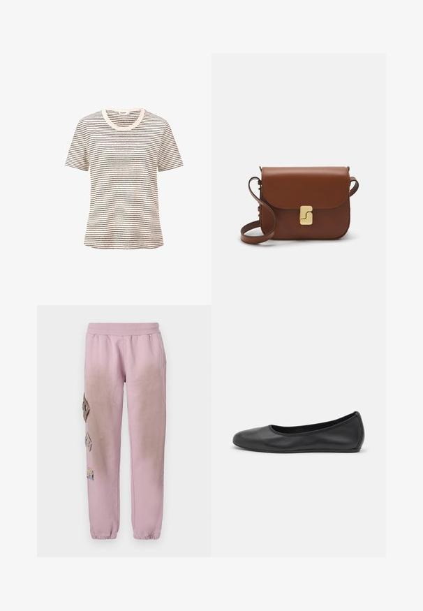 Raidallinen t-paita kreemissä, jossa on ohuita mustia vaakasuoria viivoja. Lyhyet hihat, pyöreä pääntie, pehmeä texture, rento malli.; Vaaleanpunaiset hikoiluhousut, joissa on joustava vyötärö, ja vasemmalla puolella koristeellisia timantinmuotoisia alueita, sekä joustavat hihnat nilkoissa.; Musta nahkainen ballerina, jossa on pyöristetty kärki, sileä pinta, minimaalinen ommelkoristelu ja joustava pohjamuotoilu.; Ruskea nahkainen käsilaukku, jossa on läppäkiinnitys, kultasävyiset yksityiskohdat, olkahihna ja sileä pinta. Kompaktin suorakaiteen muotoinen.