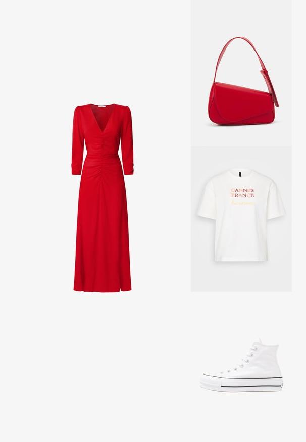 White cotton T-shirt, short sleeves, featuring "CANNES FRANCE" in red and "Bienvenue" in yellow, with a crew neckline.; Red dress with a V-neckline, three-quarter sleeves, and ruched detailing at the waist and back. Fabric appears smooth and lightweight.; White high-top canvas sneaker with black rubber sole, front rubber toe cap, and six eyelets for laces, featuring a clean, minimalist design.; Red leather handbag with an angular, geometric design. Features a single adjustable strap and a flap closure with stitched detailing.