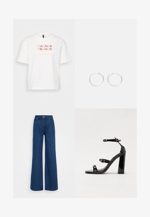 Bílý bavlněný T-shirt, krátké rukávy, s nápisem "CANNES FRANCE" v červené barvě a "Bienvenue" v žluté, s kulatým výstřihem.; Široké modré džínové kalhoty s vysokým pasem, zapínáním na knoflík a zip, a předními a zadními kapsami na jednobarevném pozadí.; Černé lakované sandály na podpatku se čtveratou špičkou, lýtkovými pásky a stříbrnými přezkami. Disponují masivním blokovým podpatkem pro stabilitu.; Stříbrné kruhové náušnice s elegantním, kulatým designem, s hladkým povrchem a bez viditelných ozdob. Průměr není specifikován.