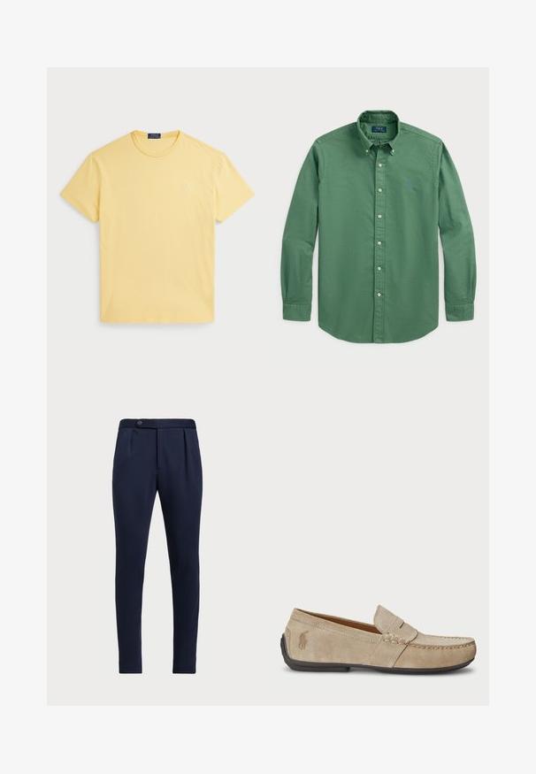 Dzeltena īsām piedurknēm T-kreklā, kas izgatavots no kokvilnas, ar apaļu kakla izgriezumu un mazu izšūtu logotipu kreisajā krūtīs. Mīksts, gluds audums.; Zaļš krekliņš ar pogām un klasisku apkakli, garajām piedurknēm un zilu izšuvumu ar logo. Izgatavots no kokvilnas ar gludu tekstūru.; Tumši zila piegriezuma bikses ar plakanu priekšpusi, diviem priekšējiem izgriezumiem un vienu pogu, ar gludu, teksturētu audumu.; Beige zamšveida loaferi ar izšūtu detaļu, platu gumijas zoli un mazu logo sānos. Klasisks viegli uzvelkamais dizains, mīksta tekstūra.