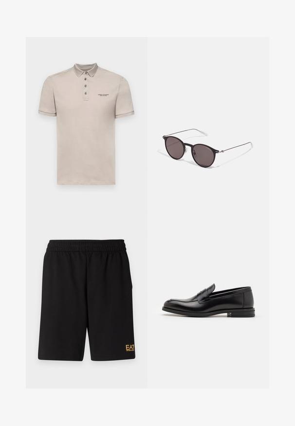 Armani Exchange Pikeepaita - string; Mustat urheilushortsit, jotka on valmistettu pehmeästä kankaasta. Kengissä on joustava vyötärönauha ja pieni keltainen EA7-logo vasemmassa alakulmassa.; Mustat nahkakengät, joissa on sileä pinta, pyöreä kärki ja koristeellinen nauha jalkapöydän yli. Matala pinoitu koroke, minimalistinen muotoilu.; Musta pyöreä aurinkolasit tummilla linsseillä ja kapeilla metallikehyksillä. Sisältää kirkkaat temppelet ja hopeiset yksityiskohdat saranassa. Minimalistinen muotoilu.