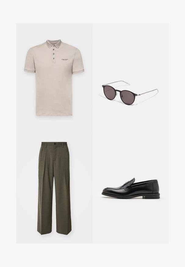 Armani Exchange Polo krekls - string; Filippa K WIDE TROUSERS - Auduma bikses - driftwood; Melnas ādas kurpes ar gludu tekstūru, noapaļu purngalu un dekoratīvu siksniņu pāri priekšpusei. Zems sakrauts papēdis, minimālisma dizains.; Melni apaļi saulesbrilles ar tumšiem lēca un plānām metāla stangām. Iekļautas caurspīdīgas tempļu galviņas un sudraba akcenti pie eņģes. Minimalistisks dizains.
