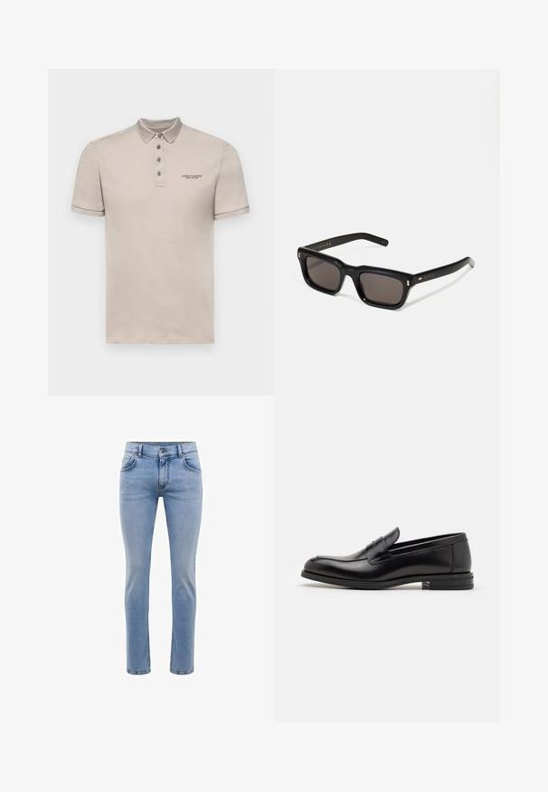 Armani Exchange Poloshirt - string; Hellblaue, slim-fit Jeans aus Denim mit fünf Taschen und geradem Bein. Mit Reißverschluss und Gürtelschlaufen ausgestattet. Weicher Stoff.; Schwarze Lederloafers mit glatter Textur, rundem Zehenbereich und einem dekorativen Riemen über dem Vorderfuß. Niedriger, gestapelter Absatz, minimalistisches Design.; Schwarze rechteckige Sonnenbrille mit dunklen Gläsern, dickem Kunststoffrahmen, goldenen Akzenten an den Bügeln und eingraviertem Markenlogo am Arm.