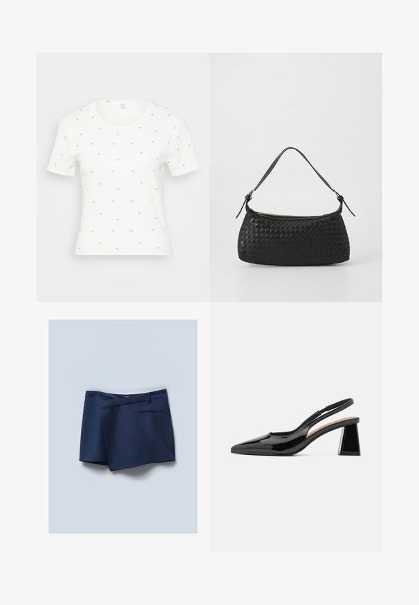 Bílý krátký rukáv T-shirt s malými barevnými potisky ananasů. Má kulatý výstřih a měkkou, texturovanou tkaninu.; Námořnické modré kraťasy s plochým předním dílem, bočními kapsami a zadní kapsou. Hladká tkanina s upraveným vzhledem a šitými detaily.; Černé lakované lodičky na podpatku se špičatou špičkou, které mají jedinečný geometrický blokový podpatek a hladkou strukturu. Nastavitelný pásek pro podporu.; Černá tkaná taška přes rameno s hladkým koženým popruhem a uzavíráním na zip. Dispozice obsahuje texturovaný povrch a zakřivený tvar.