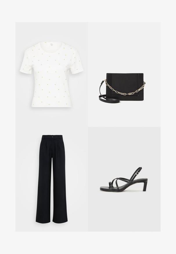 Balta īsām piedurknēm T-kreklā ar maziem, krāsainiem ananāsu rakstiem. Tam ir apaļa kakla izgriezne un mīksts, teksturēts audums.; Platas kājas melnas bikses, izgatavotas no gludas auduma, ar pogu aizdari un smalkiem svārkiem, ar elastīgu jostasvietu ērtībai.; Melnas strappy sandales ar kvadrātveida purngaliem un zemu bloku papēdi. Ievērojamas ar vairākiem plāniem siksniņām un regulējamu potītes siksniņu. Izgatavotas no gludas ādas.; Melna ādas crossbody soma ar gludu faktūru, taisnstūrveida formu un metalizētu ķēdes detaļu priekšā. Iekļauta regulējama siksna.; Sudraba divu joslu gredzens ar gludu, pulētu virsmu. Iezīmējas ar plūstošu, izliekta dizaina struktūru ar pārklājošām sekcijām modernam izskatam.