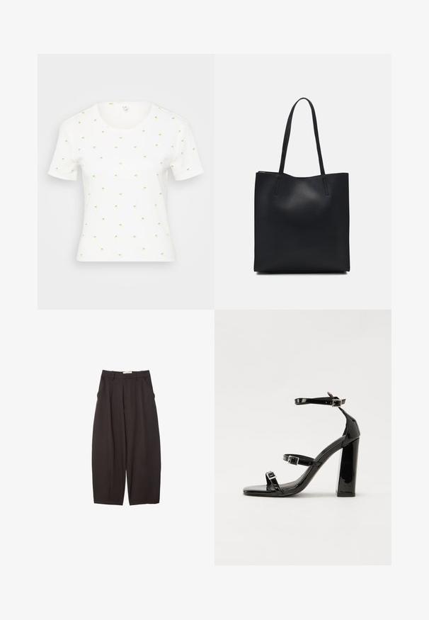 Valkoinen lyhythihainen t-paita, jossa on pieniä, värikkäitä ananaksen kuvioita. Ominaisuuksiin kuuluu pyöreä pääntie ja pehmeä, teksturoitu kangas.; Mustat leveälahkeiset housut, jotka on valmistettu sileästä kankaasta. Niissä on korkea vyötärö, etupleatsit ja sivutaskut. Yksinkertainen muotoilu ilman koristeita.; Musta kiiltävä korkokenkä sandaalit neliönmuotoisella varpaalla, nilkkaremmillä ja hopeisilla soljilla. Varustettu tukevalla lohkokorkealla vakauden takaamiseksi.; Mustapahkainen kangaskassi, jossa on sileä pinta, suorakaiteen muotoinen ja kaksi pitkää kahvaa. Ei näkyvää metalliosaa tai koristeita.