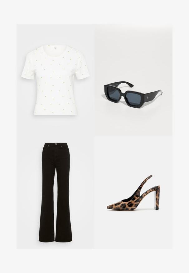 Vit kortärmad T-shirt med små, färgglada ananastryck. Har rund halsringning och mjukt, strukturerat tyg.; Höga svarta utsvängda jeans i denim, med knappstängning, sidfickor och en slät yta.; Leopardmönstrad slingback-pump med spetsig tå och transparent blockklack. Tillverkad av glansigt material med en slät textur.; Svarta överdimensionerade solglasögon med geometrisk design, rektangulära linser och blank yta. Ingen synlig märkning på framsidan.; Guldörhängen i hoops med en slät, rundad design. Har en liten gångjärnslåsning, lätt känsla och en polerad yta.
