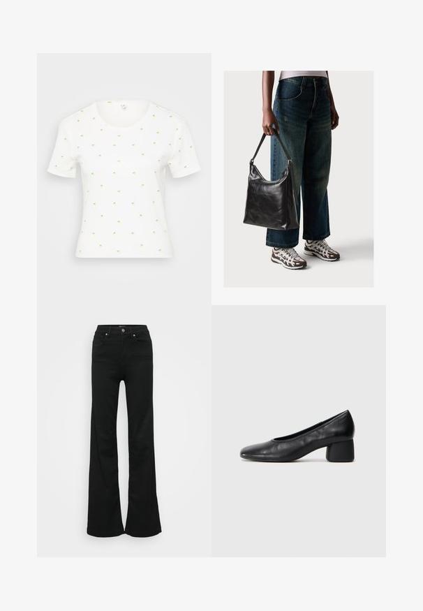 Witte T-shirt met korte mouwen en kleine, kleurrijke ananasprints. Heeft een ronde halslijn en zachte, textuurstof.; Zwarte wijde jeans gemaakt van denim, met een hoge taille, vijf zakken en een metalen knoopsluiting. Gladde textuur met minimale detailing.; Zwarte leren pump met een ronde neus en een middenblokhak. Glad textuur met minimale details, voorzien van een subtiele elastische opening.; Zwarte leren schoudertas met een gladde textuur en een verstelbare strap, gecombineerd met vervaagde wijde jeans en sportieve sneakers.