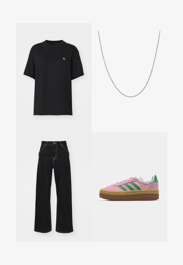 Crna pamučna majica s opuštenim krojem. Ima okrugli izrez i kratke rukave. Sadrži mali zlatni izvezeni logo na prsima.; Crne široke traperice izrađene od denima, s kontrastnim bijelim šavovima i prednjim kopčanjem na dugme, s dva koso oblikovana prednja džepa.; Roze suede tenisice s zelenim trakama, bijelim detaljima i smešnim gumiranim potplatima. Imaju teksturirani materijal i logo detalje sa strane.; Srebrna lančić ogrlica s glatkim, okruglim ravnim karikama. Ima sjajnu površinu i dugačka je otprilike 20 inča.