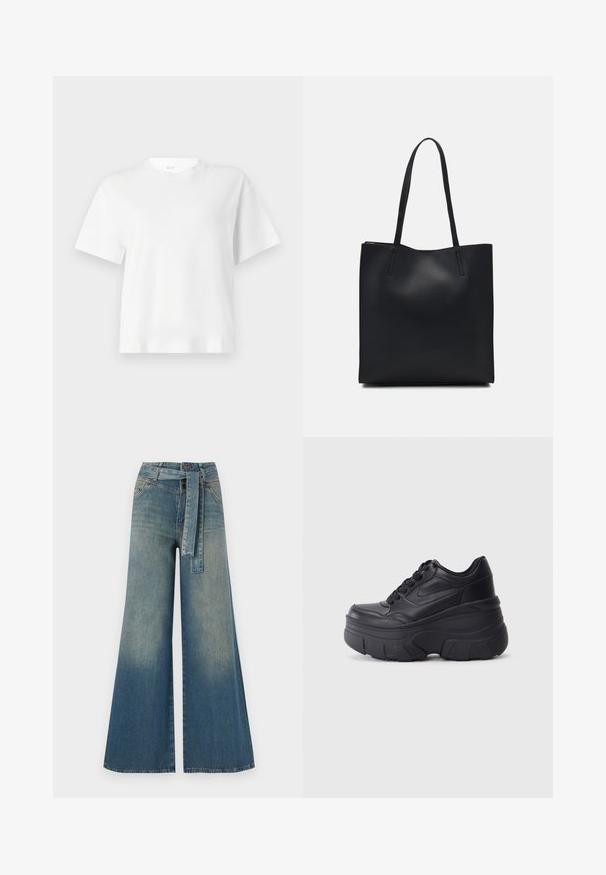 Camiseta blanca de manga corta hecha de algodón, con cuello redondo y un corte holgado. Textura suave con un diseño simple y clásico.; Pantalones de mezclilla de pierna ancha con un degradado de azul claro a oscuro, cintura alta, trabillas para cinturón y un cinturón de tela a juego. Acabado de mezclilla texturizada.; Zapatillas negras con cordones y suela gruesa, con parte superior de cuero suave, punta redondeada y un diseño de plataforma en capas distintivo.; Bolso tote de cuero negro con textura lisa, forma rectangular y dos asas largas. Sin herrajes ni adornos visibles.