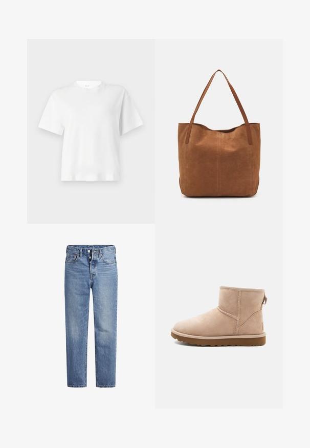 Camiseta branca de manga curta feita de algodão, com decote redondo e um corte descontraído. Textura suave com um design simples e clássico.; Jeans de denim azul claro com corte reto, design de cinco bolsos e fecho de botão. Apresenta um desbotado subtil e detalhes de costura laranja.; Bota de tornozelo em camurça bege com bico arredondado, detalhes de costura e uma sola de borracha castanha texturizada. Apresenta uma alça na parte de trás.; Saco tote em camurça castanha com duas alças longas, apresentando uma textura suave, design simples e sem hardware ou detalhes visíveis.