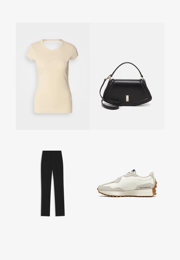 Light beige ribbed T-shirt with short sleeves, featuring a round neckline and a small embossed logo on the chest. Soft fabric texture.; Black tailored trousers with a straight-leg design, featuring front pockets and a smooth, textured fabric. Neat, minimal detailing.; White and beige sneaker with a smooth leather upper, suede accents, rounded toe, and a textured rubber outsole. Brand name printed on the side.; Black leather handbag with a structured design, featuring a cropped shape, top handle, and gold hardware accent. Adjustable shoulder strap included.
