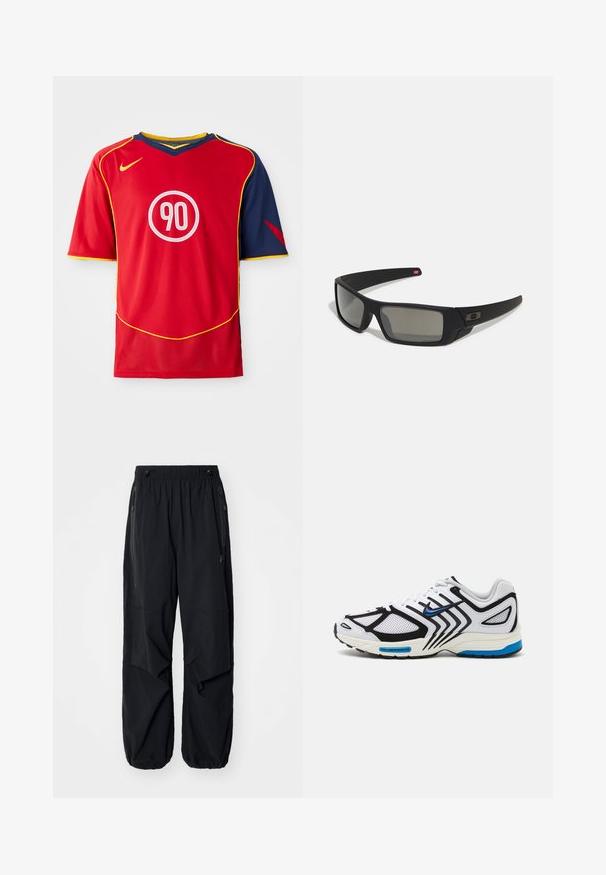Das rote Sporttrikot hat kurze Ärmel und einen V-Ausschnitt. Das Design umfasst blaue Akzente, gelbe Paspelierung und ein rundes weißes Logo mit "90."; Schwarze leichte Cargo-Hosen mit elastischem Bund, seitlichen Reißverschlüssen und geräumigen Taschen. Bietet eine lockere Passform und tapered Bündchen.; Weißer Sportschuh mit schwarzen Akzenten, Netzpaneelen und blauen Details. Verfügt über eine strukturierte Sohle und schlanke Designlinien.; Schwarze Sonnenbrille mit matter Oberfläche, rechteckigen Gläsern, leichtem Bogen an den Schläfen, dezentem Logo-Detail und rauchgetönten Gläsern.