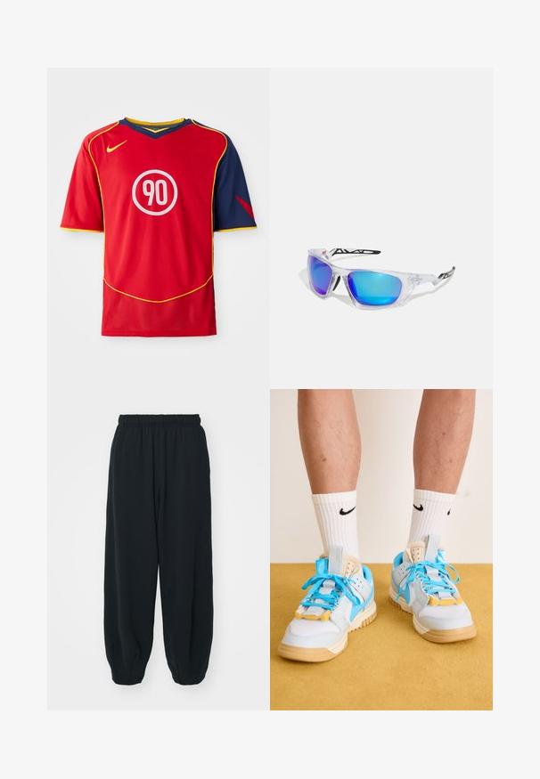 Raudona sportinė marškinė su trumpomis rankovėmis ir V formos iškirpte. Dizainą papildo mėlynų akcentų, geltonos apdailos ir apvalaus balto logotipo su skaičiumi "90".; Juodi, su elastiniu juosmeniu sportiniai kelnės su laisvu siluetu, suapvalintais kulkšnimis, lygia tekstūra ir be matomų raštų ar metalinių akcentų.; Šviesiai mėlynos sportbačiai su rausvais padais, turintys ryškius mėlynus raištelius ir geltonus akcentus. Tekstūruotos medžiagos ir matoma oro pagalvė.; Sportiniai akiniai nuo saulės su skaidriais rėmeliais, mėlynai-violetiniais veidrodiniais lęšiais, kampuota forma ir juodais akcentais ant kojelių.